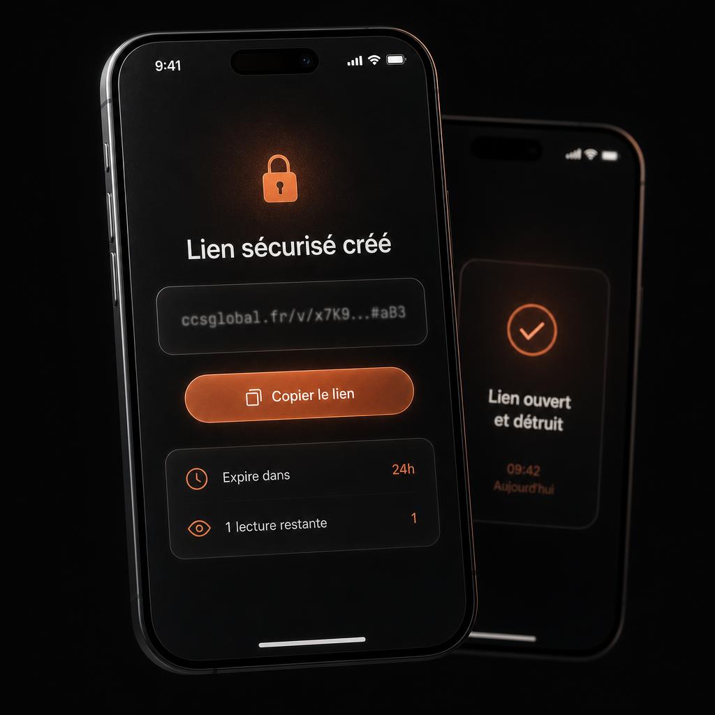 Mockup iPhone montrant un lien sécurisé chiffré généré par CC's Global