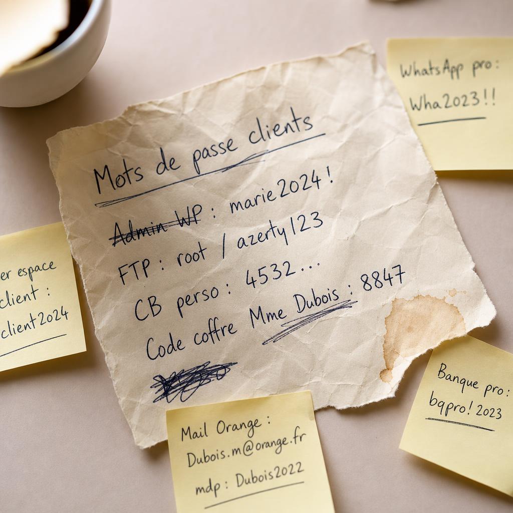 Mots de passe griffonnés sur un papier froissé avec post-it